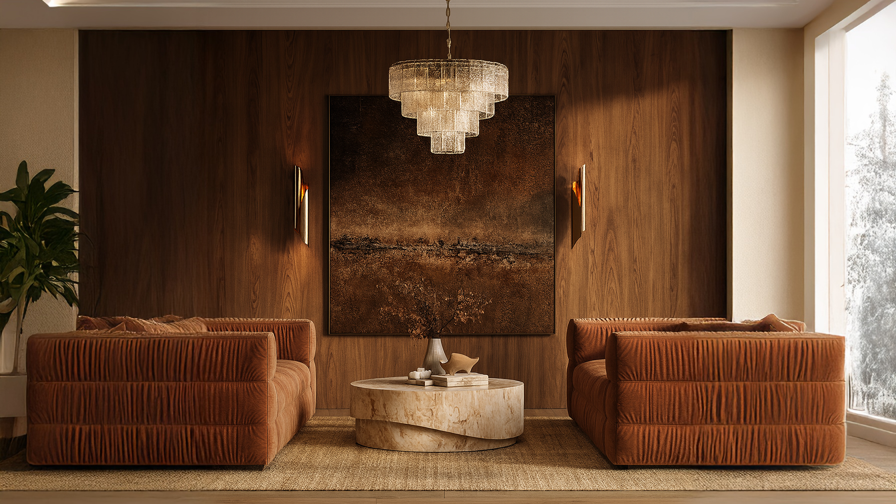 Modern kitchen interior with scenic view